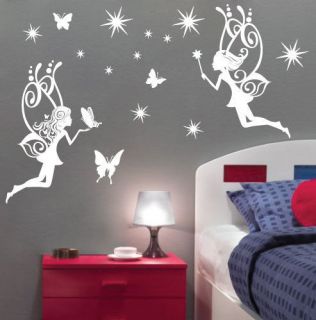 Large Fairy 2x Butterflies Stars Vinyl Sticker Wall Art Decal
