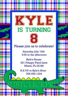 boys preppy plaid alligator birthday invitation uprint time left $ 15 
