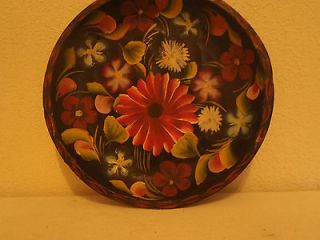 HAND CARVED WOOD BOWL WITH HAND PAINTED FLOWERS, HAND CHISELED 