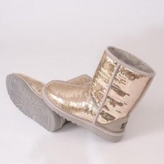 UGG WOMENS CLASSIC SHORT SPARKLES BOOTS 3161 SILVER size 8