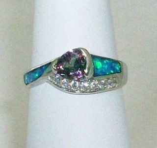 size 8 mystic fire topaz firey opal inlay silver ring