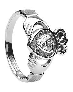 white gold and diamond claddagh 10k ring made in ireland