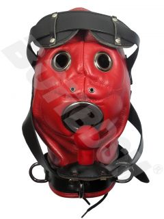 100% GENUINE LEATHER Red Hood Mask and NON TOXIC SILICONE GAG size S/M
