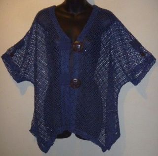NWT Navy Blue Wood Button Crochet MESH Bolero Vest Sequins Cardigan 