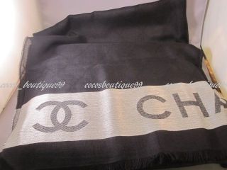 Auth CHANEL Black Cashmere Silk Silver CC Logo Scarf Shawl Rare