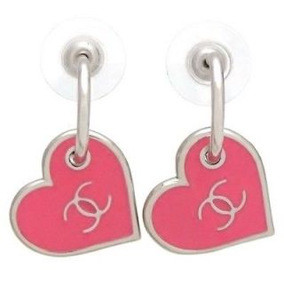 Authentic vintage Chanel stud earrings heart CC logo dangle pink COCO 