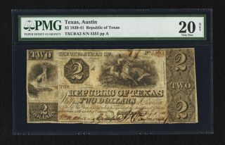 July 1, 1841 $2 Austin, TEXAS  Republic of Texas PMG 20 Net Cr. A2 