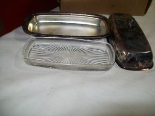 English Silver Mfg 3pc Silver Glass Butter Dish Vintage