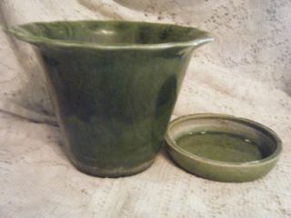Vintage Green Adah Art Pottery Flower Pot Planter w Underplate Dallas 