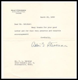 Adlai E Stevenson Typed Signed Letter 1956 Political