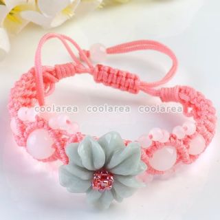 Hand Knitted White Jade Flower Bracelet Tensible Pink Adjustable 