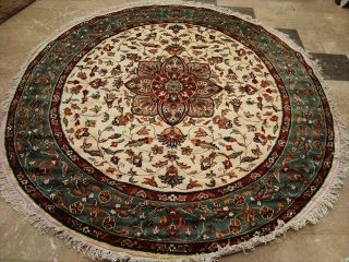 Ivory Round Kashan Hand Knottedrug Wool Silk Carpet 6x6
