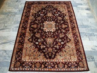 Midnight Mahroon Hand Knotted Rug Wool Silk Carpet 6x4