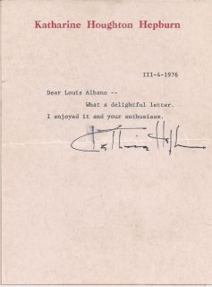 Katharine Hepburn Signed Note to Wrestler Lou Albano