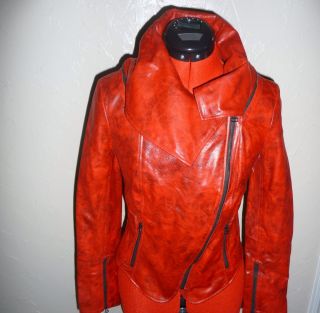 alice Olivia Gussett Leather Jacket Red Petite Small Asymmetric