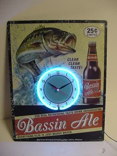 Bassin Ale Beer Bar Tin Metal Neon Sign Clock Fishing