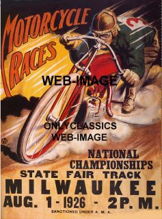 1926 AMA Milwaukee Motorcycle Race Poster Harley Indian
