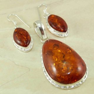 Amber 925 Silver Pendant Earring Set Jewelry H5517
