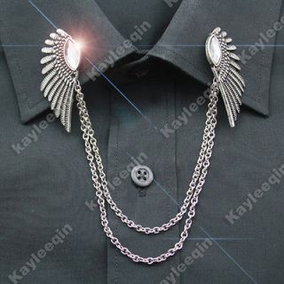 Retro Silver Angel Feather Wing Crystal Chain Blouse Collar Neck Tips 