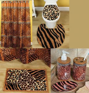 Animal Print Wild Safari Shower Curtain Bath Rug Mat Set Bathroom 