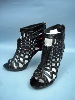 Anne Michelle Black Leather Studded Open Weave Ankle Bootie Pump Size 