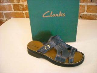 Clarks Patty Argentina Navy Blue Leather Slide Sandals