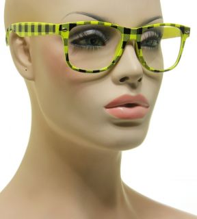 New Vintage Glasses Square Yellow Frame Black Plaid Design Clear Lens 