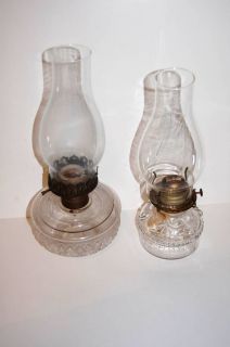 Set of 2 Antique Vintage Ornate Clear Glass Kerosene Oil Lamps