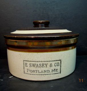 Antique Stoneware Swasey Cake Crock with Lid