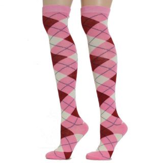 Womens Stylish Argyle Over the knee Socks Multi Color Red Pink