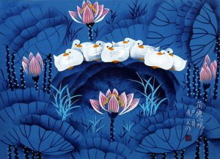 chinese peasant painting duck lotus 16x21 Repro gouache water lily 