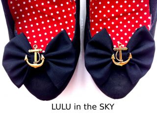 Rockabilly Black Bow with Gold Anchor Pin up Nautical Sailor Shoe 