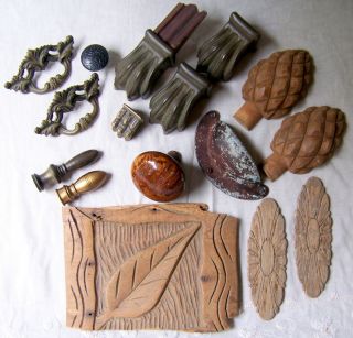 Antique Vtg Lot of Misc Hardware Drawer Pulls Wood Pieces Finials Claw 