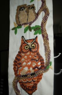   OWL Embroidery Figurine Wall Hanging Art BELL PULL 1970s Orange Brown