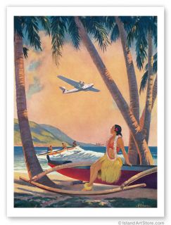 Hawaiian Vintage Print Hawaii Hula Girl Airplane Canoe