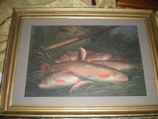 Wm Carn 1887 framed print salmon fish on river bank w/ fishing pole F 