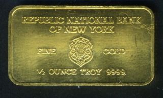 REPUBLIC NATIONAL BANK OF NEW YORK HALF OUNCE GOLD BAR AS SHOWN
