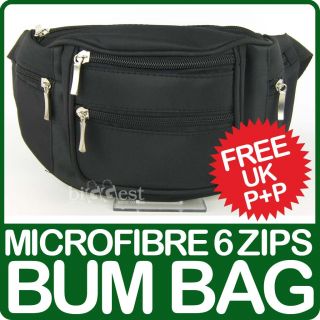 New Six 6 Zips Black Waist Bum Bag Fanny Pack Microfibre Travel 