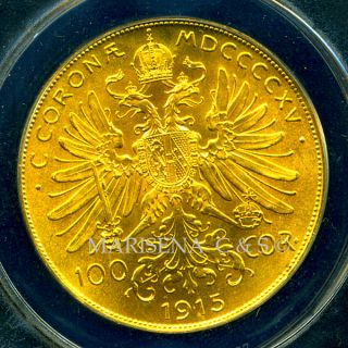 1915 AUSTRIA GOLD COIN 100 CORONA * ANACS CERT GENUINE MS 63 SCARCE 