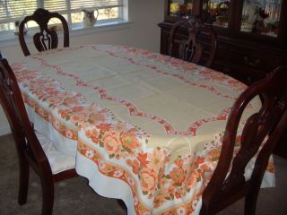 Vintage Tablecloth With 6 Napkins Retro Fall Thanksgiving Orange Cream 