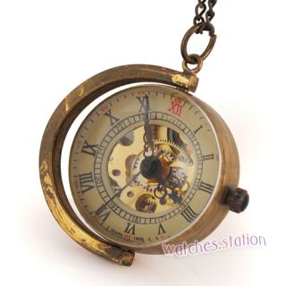   Skeleton Golden Tone Ball Glass Case Mechanical Pocket Watch Clock FOB