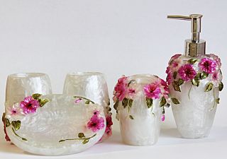 Sabby Roses Floral Shower Bathroom Bath Set Soap Dish Tooth Brush 