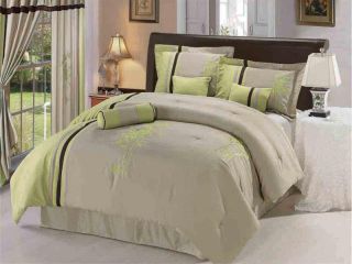   Embroidered Bamboo Comforter Set Bed in A Bag Queen Green Ivory