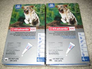 Bayer K9 Advantix 100 4 Pack For Dogs Over 55 lb, new sealed TWO 