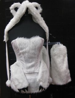 Faux Fur Polar Bear Costume Corset Skirt Hood w Ears Gloves Boot Cuffs 
