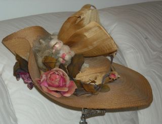 BEAUTIFUL VICTORIAN STRAW HAT BONNET ORIGINAL TRIMS FLOWERS RIBBON 