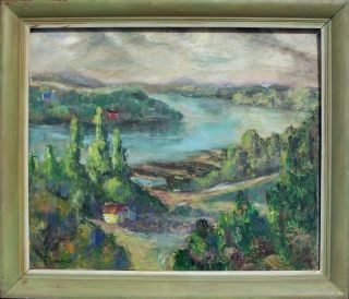 Baumbach Hudson River original mid century modernist landscape oil 