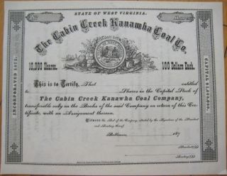 1870 Mining Stock Certificate Cabin Creek Kanawha Coal Co  West 