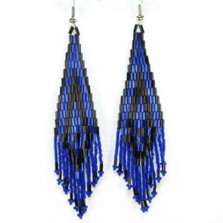 Native Art Iris Blue Black Bugle Beads Beaded Earrings