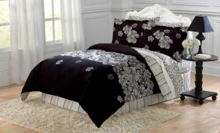 black and white large floral 6 pc bed in a bag twin